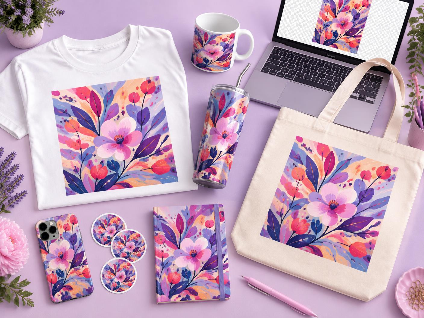 Illustration of T-shirt, mug, sticker and tote designs