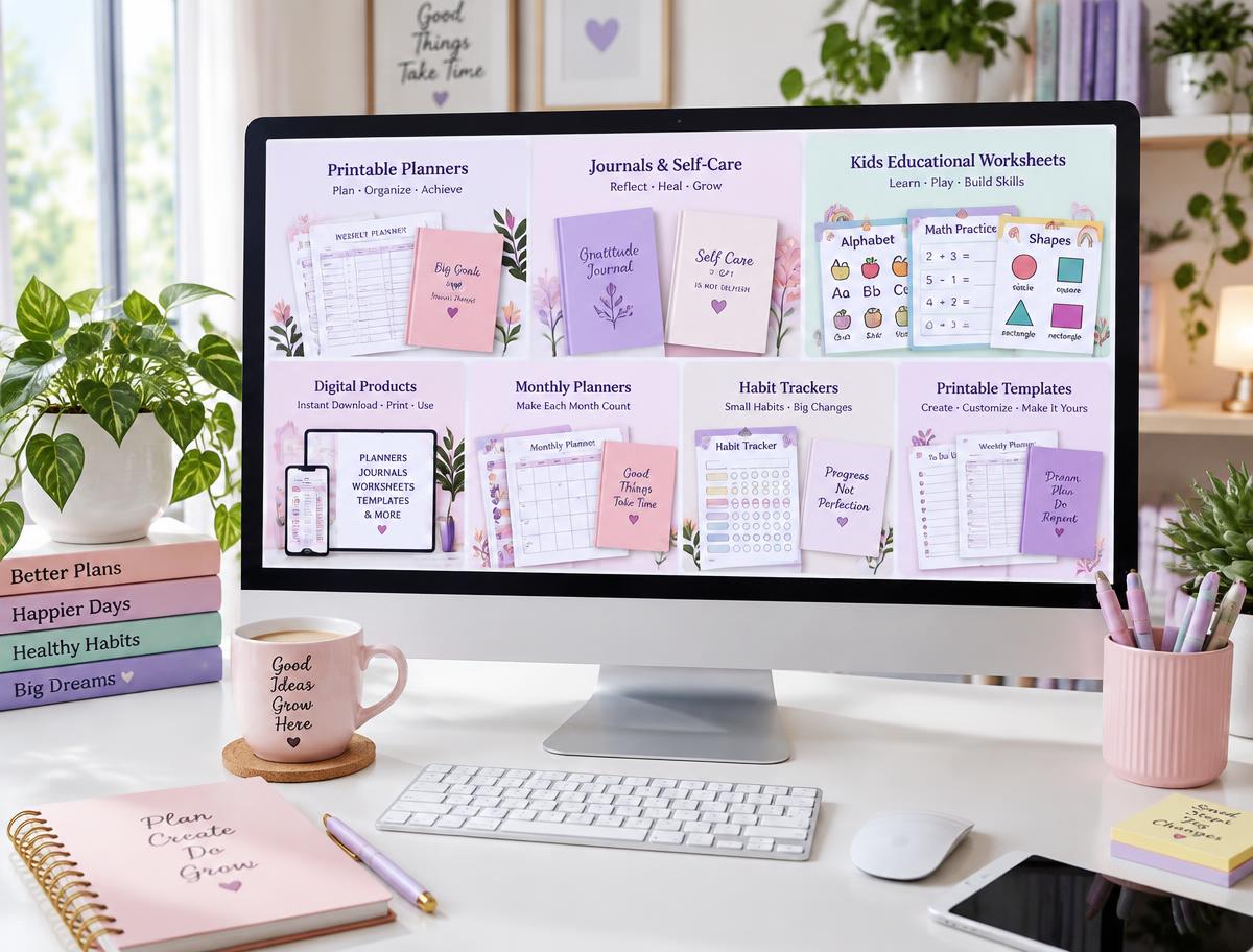 Computer showing colorful printable planners and worksheets